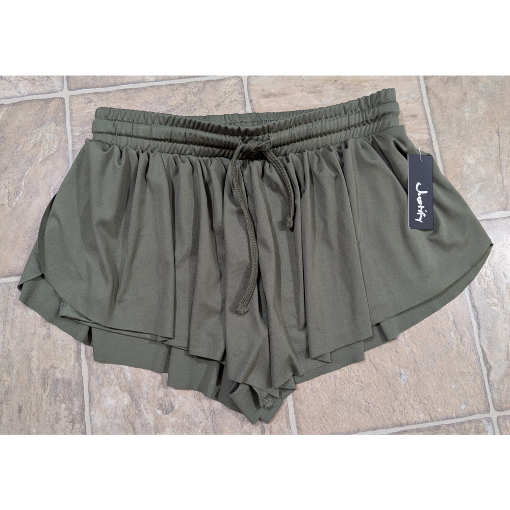 New Justify Jrs sz L Curved Hem Athliesure Shorts lined olive green pull on 3250